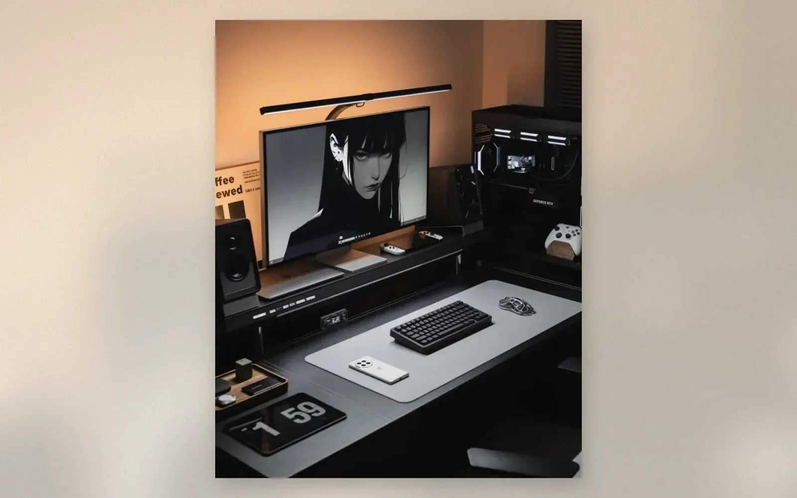 Black desk setup with monitor light bar, riser shelf, grey desk mat, mechanical keyboard, and flip-clock tablet