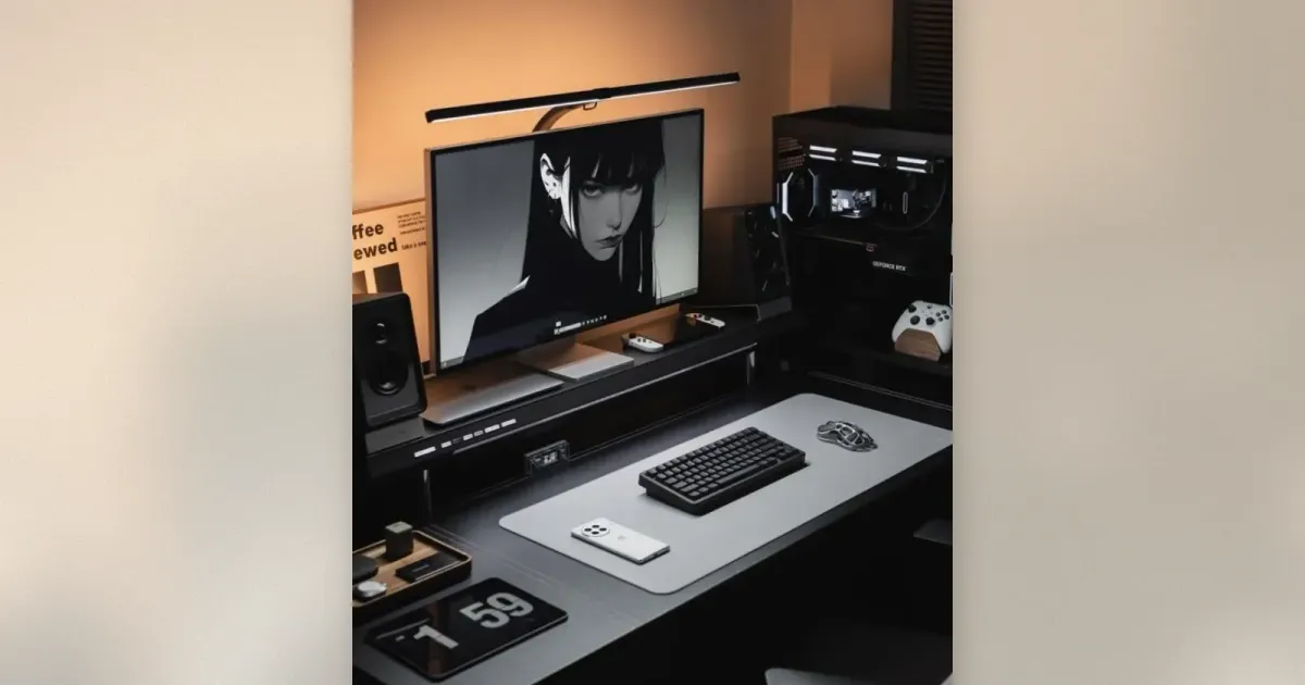 Schwarzes Desk Setup mit Monitorleuchte, Riser-Regal, grauer Matte, mechanischer Tastatur und Flip-Clock-Tablet