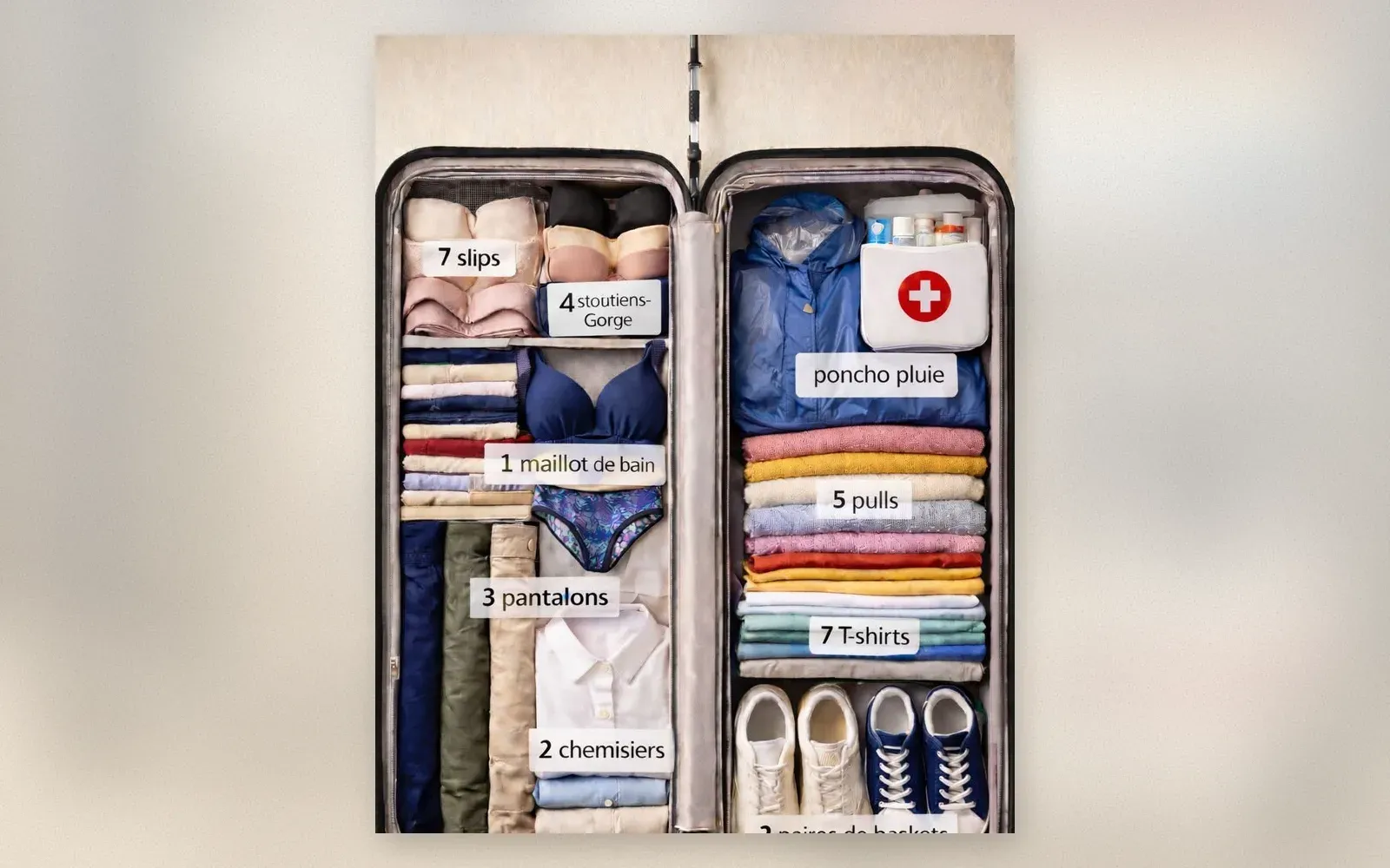 Suitcase packing guide showing the right side organization