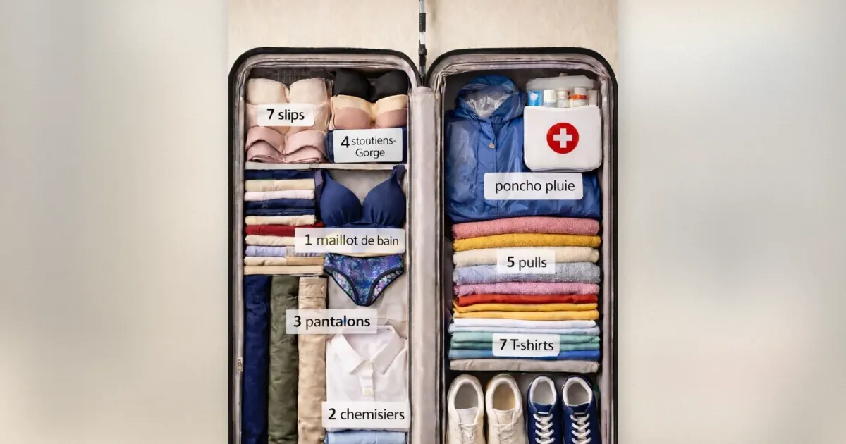 Koffer-Packanleitung mit ordentlich sortierten Kleidungsstücken und Mengenangaben