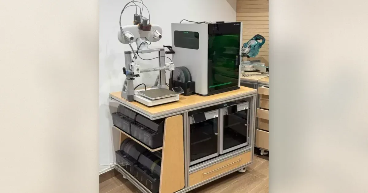 Rollende Werkstatt aus Sperrholz und Aluminiumprofilen mit vier 3D-Druckern und Filament-Dryboxen auf den Seitenfächern
