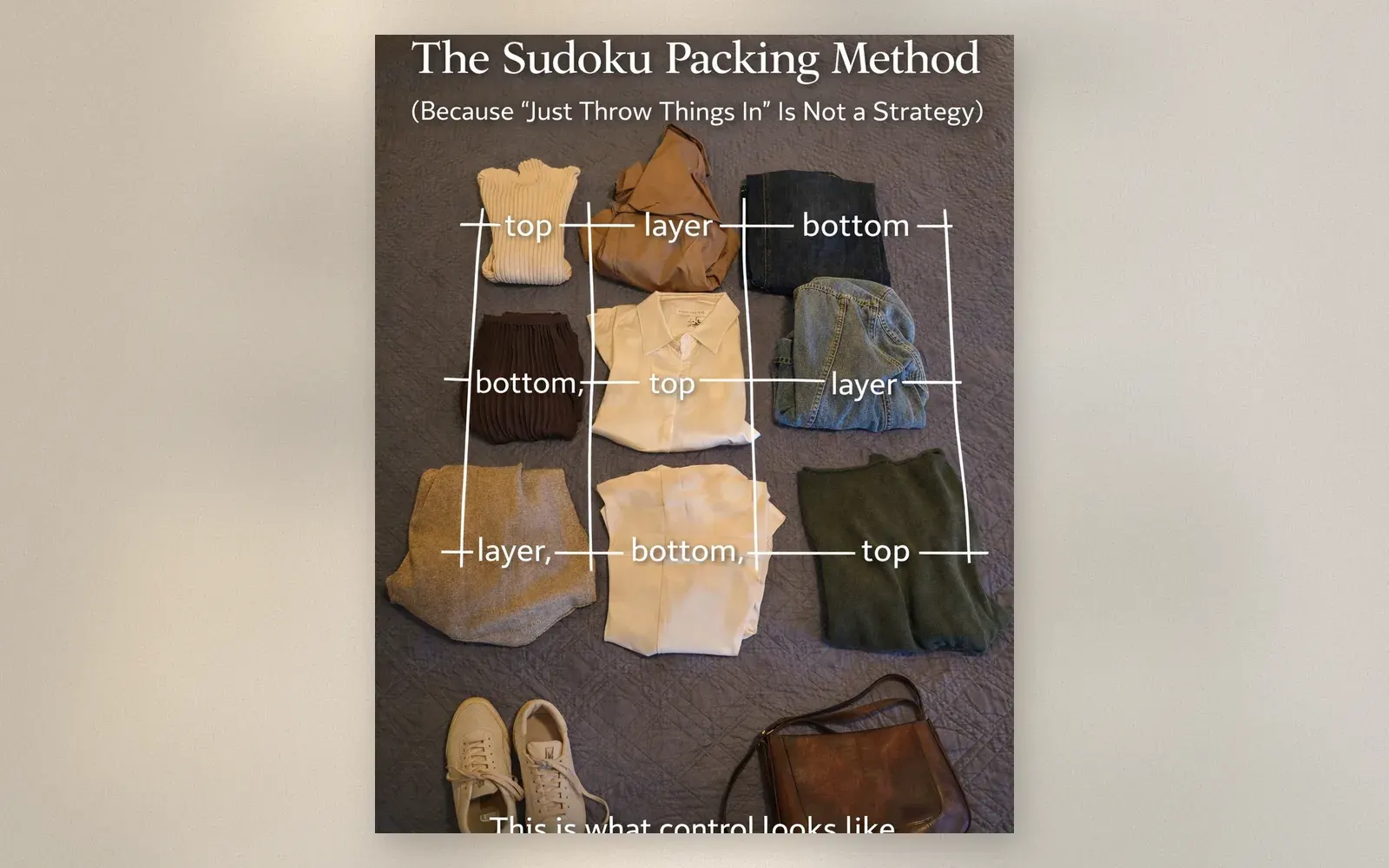 Sudoku packing method showing 3x3 grid of tops, layers, and bottoms