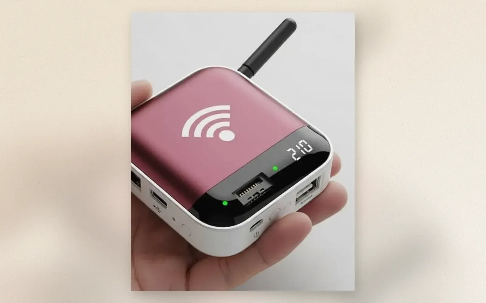 Palm-sized mini PC in pink and white with WiFi antenna, LED display, USB ports, and microSD slot held in hand