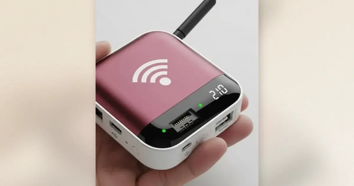 Handtellergroßer Mini PC in Rosa und Weiß mit WiFi-Antenne, LED-Display, USB-Ports und microSD-Slot in der Hand