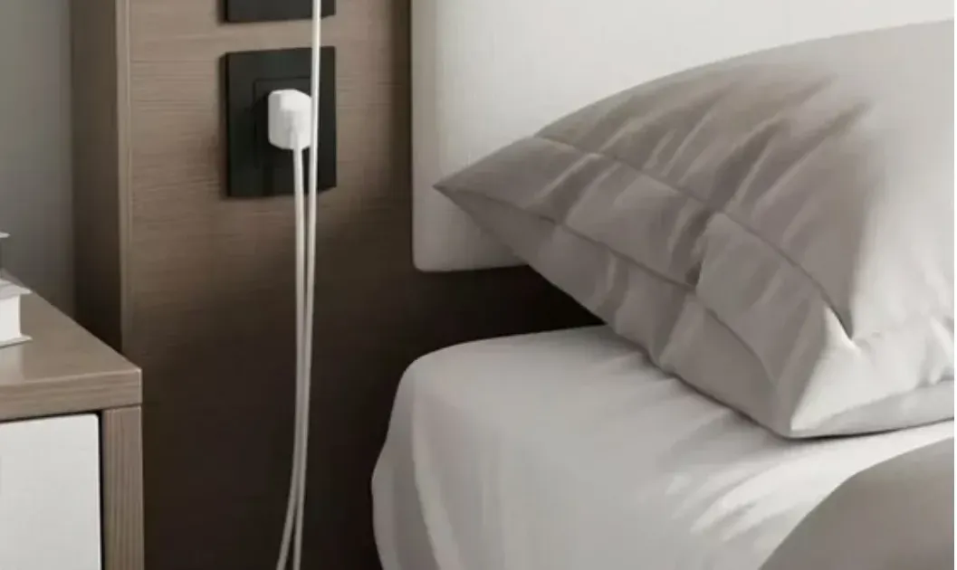 Ladenische am Bett: schwarze versteckte Ladeplatte mit Steckdosen und USB-Anschlüssen in einer Holz-Kopfteilwand