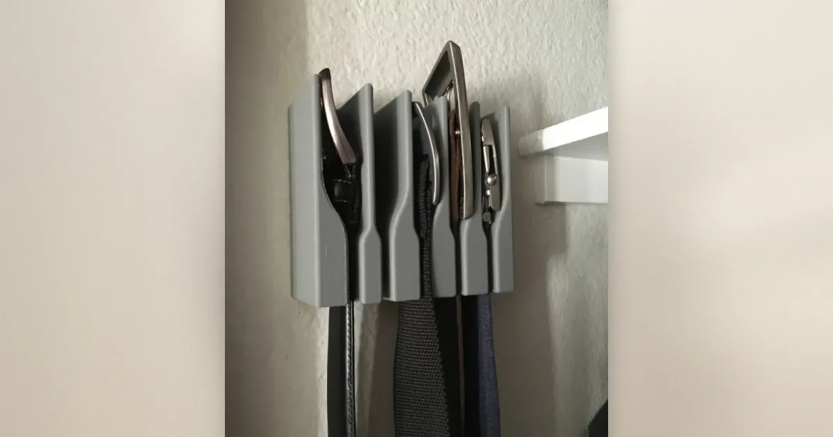 Wand-Gürtelaufhänger Organizer mit 5 Gürteln an grauer Halterung an weißer Wand