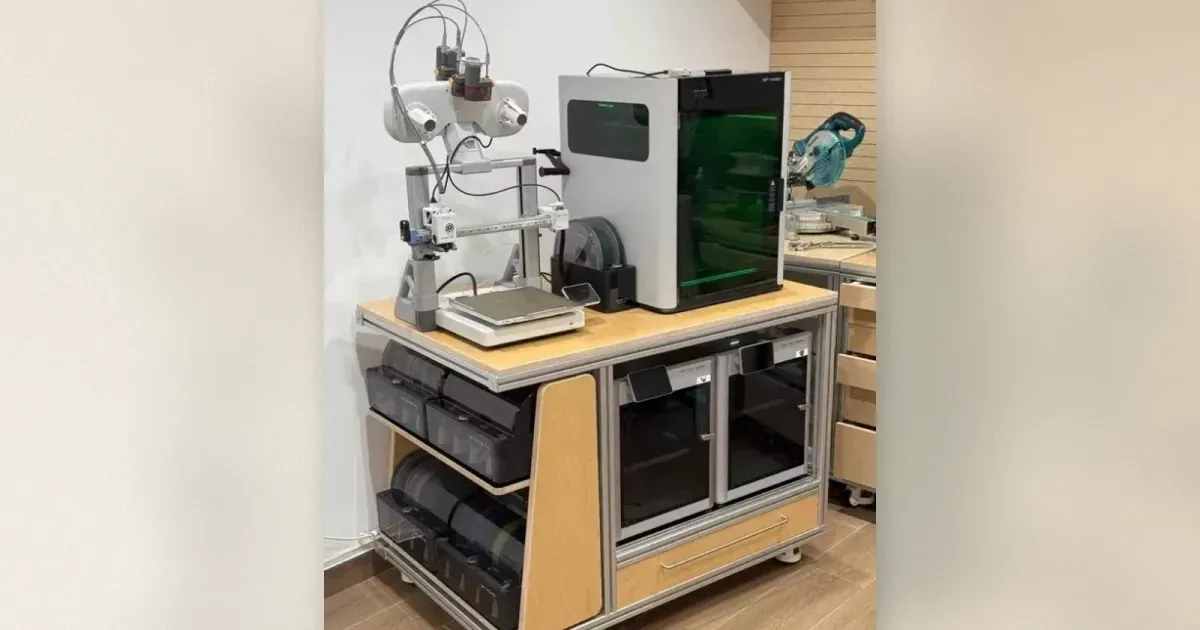 3D-Drucker-Workstation mit zwei Druckern, Filament-Trockenboxen und Aufbewahrungsboxen auf blockierbaren Rollen