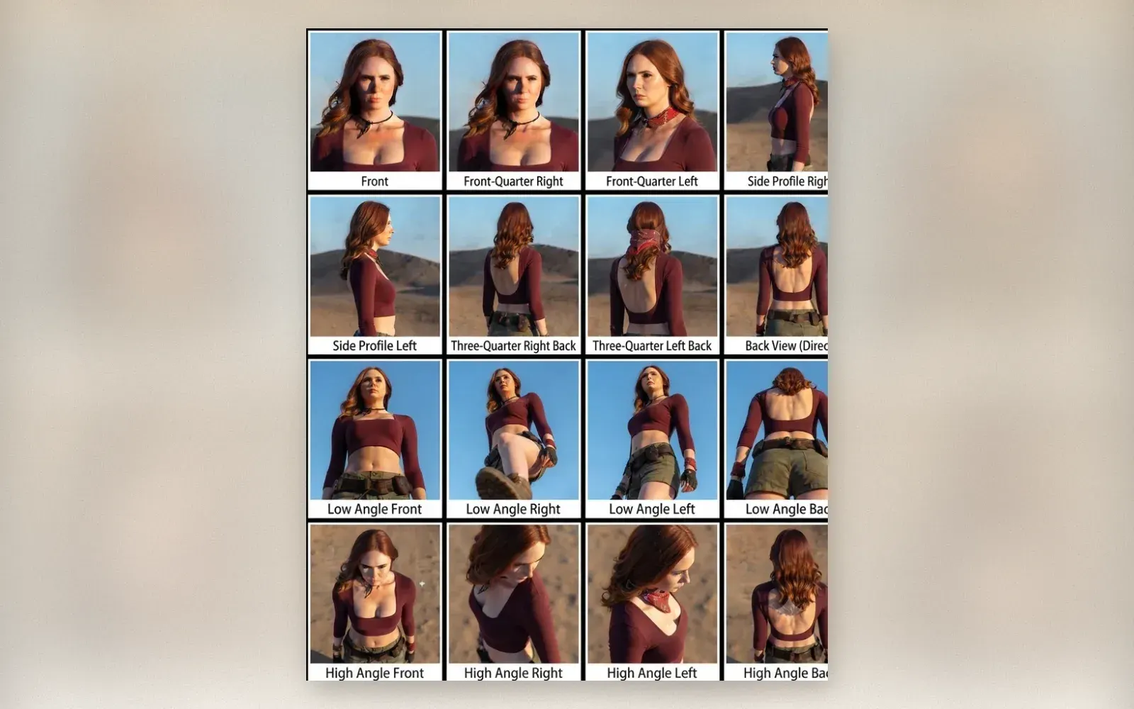 Reference sheet showing a model photographed from sixteen labeled portrait angles