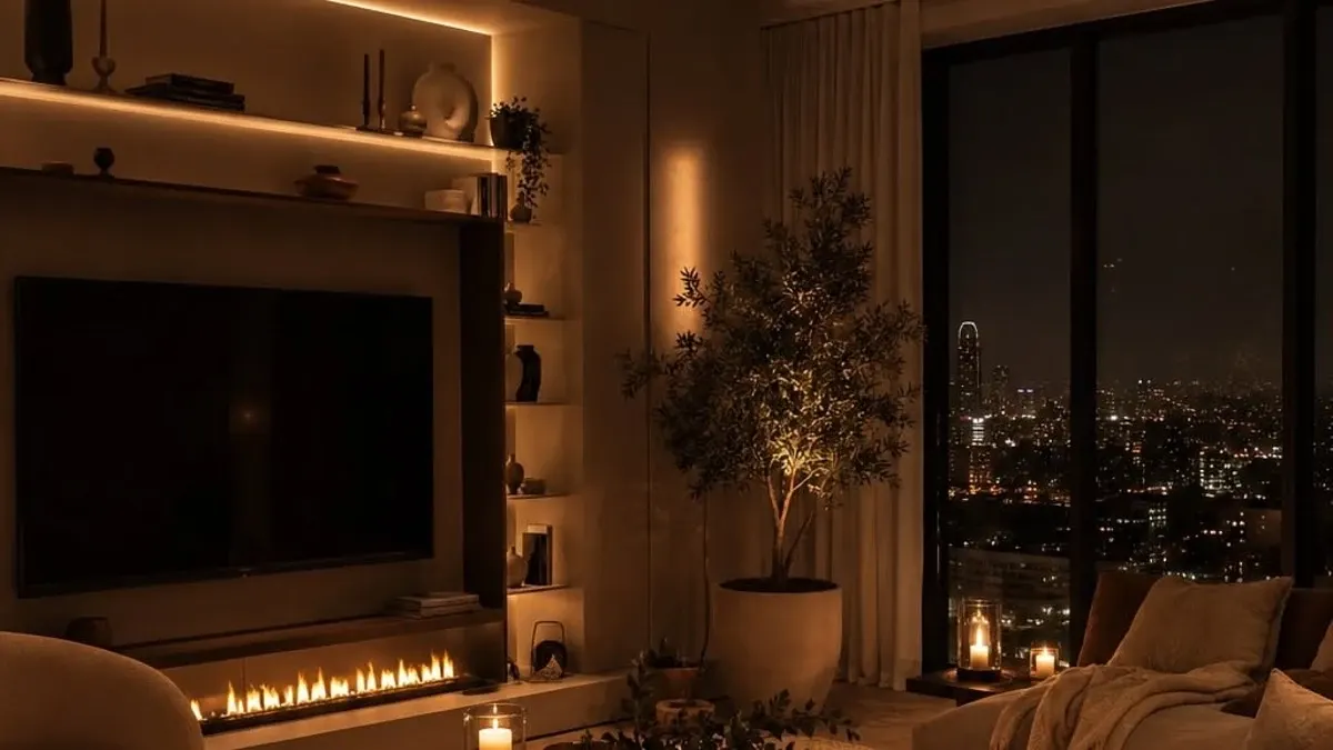 Living room at night lit by warm white LED strips on wall shelves with a candlelit coffee table