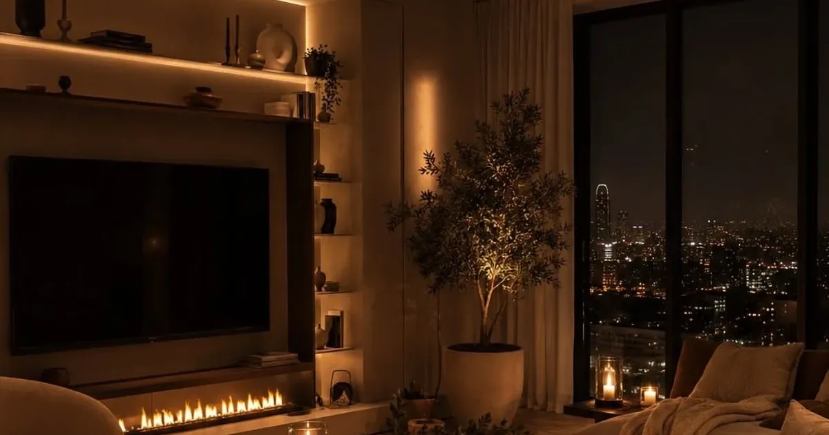 Wohnzimmer bei Nacht, beleuchtet von warmweißen LED-Streifen an Wandregeln mit kerzenbeleuchtetem Couchtisch