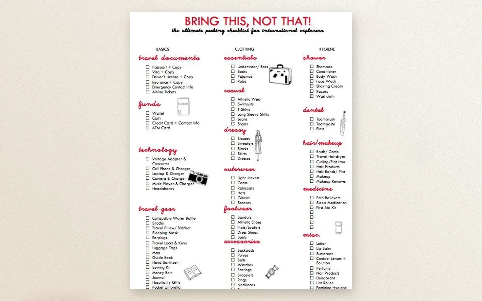 Bring This Not That checklist showing the Hygiene category