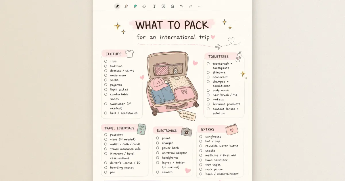 Internationale Reise-Packliste mit Kategorien und Häkchen