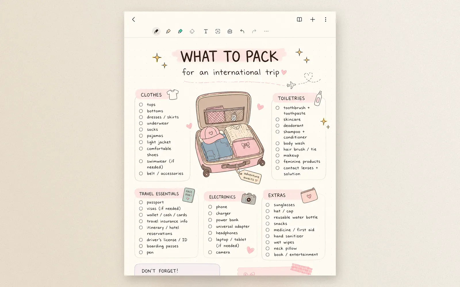 Electronics and extras categories on the international packing checklist