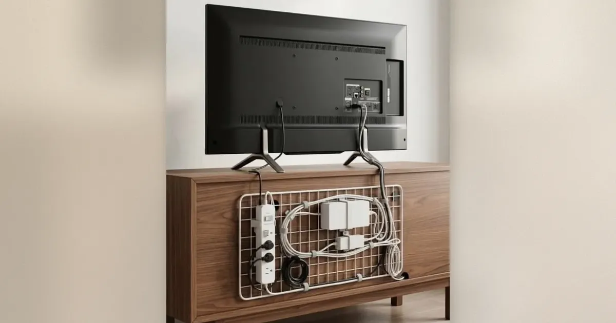 Drahtgitter-Kabelmanagement-Platte hinter TV-Schrank montiert und Kabel organisierend