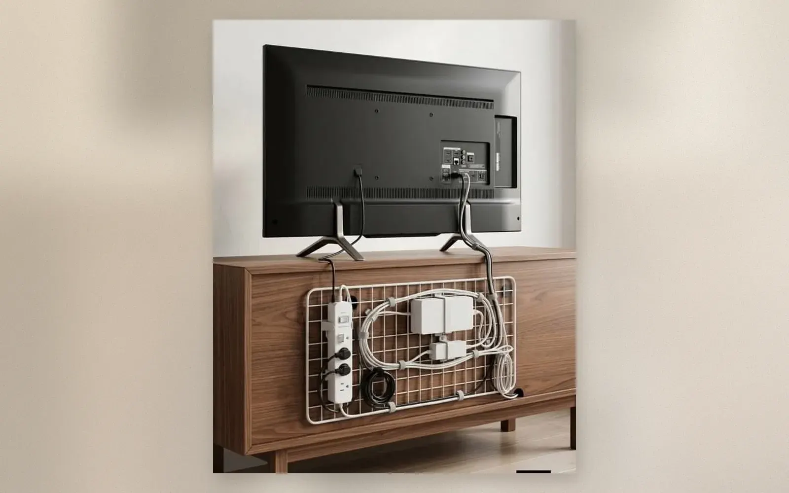 Wire grid cable management panel mounted behind TV stand organizing cables