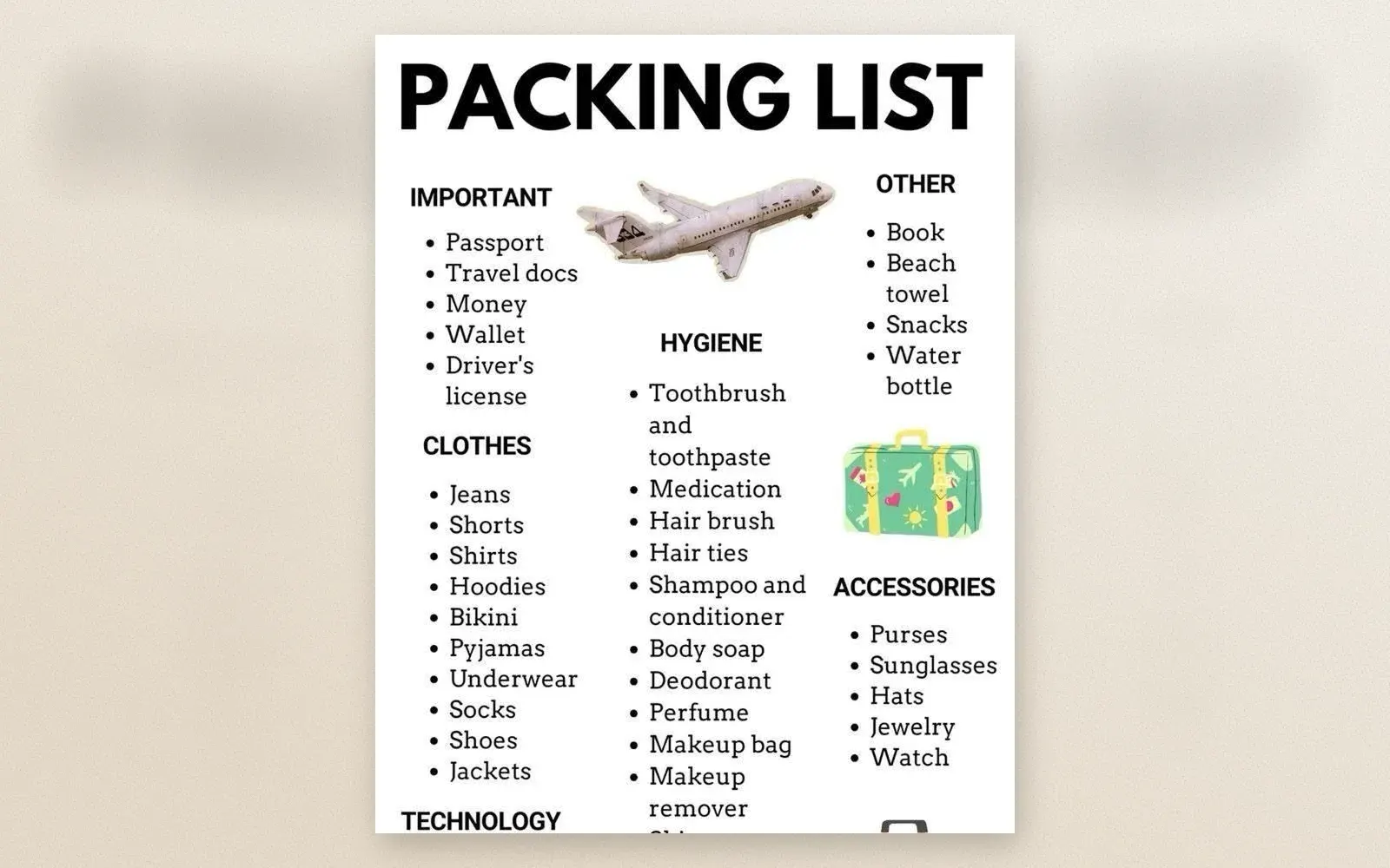 Ultimate packing checklist infographic showing all travel categories
