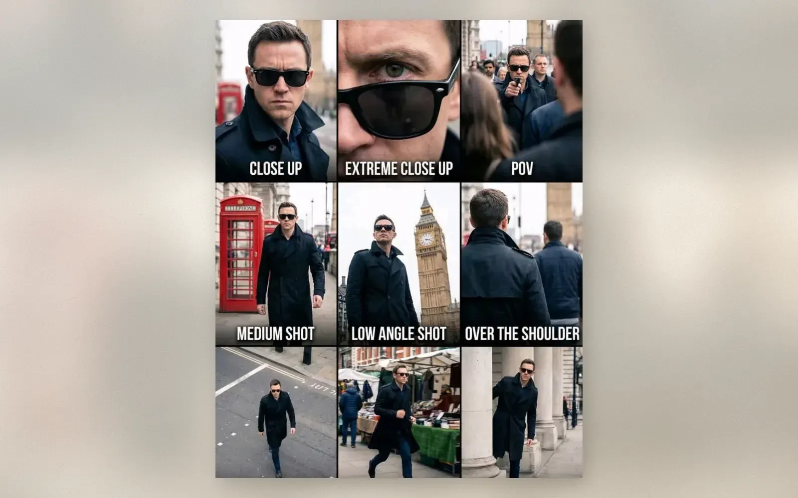 12 camera shot types demonstrated with a man in London near Big Ben and red telephone boxes