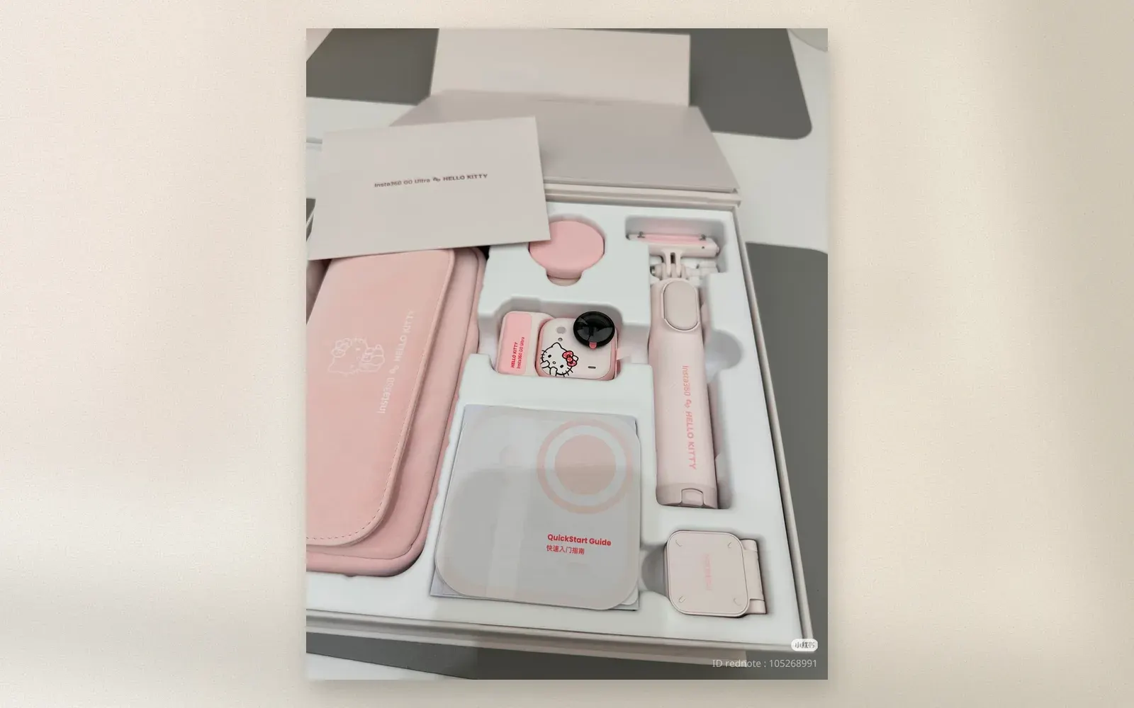 Insta360 GO Ultra Hello Kitty edition gift box with camera, handle, pendant mount and pink case