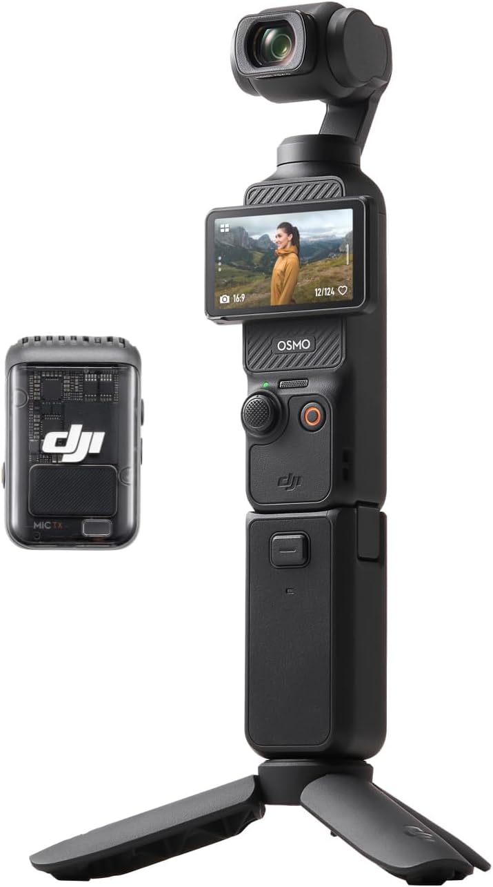 DJI Osmo Pocket 3 Creator Combo with battery handle, spare batteries, and DJI Mic 2 transmitter