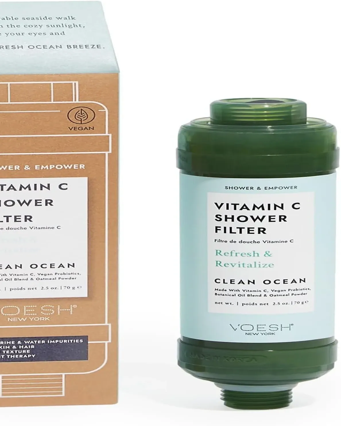 VOESH Clean Ocean vitamin C shower filter cartridge standing next to its packaging