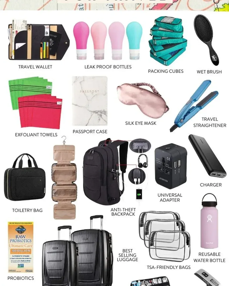 Amazon travel must-haves infographic showing 20 essential travel products