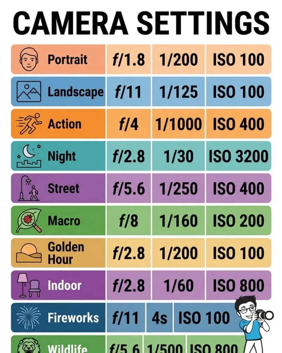 Shutter speed and ISO values on the camera settings chart