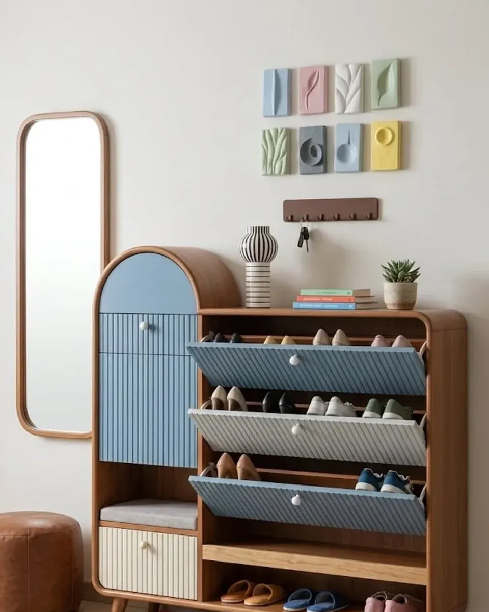 Close-up of the tilted shelves showing how shoes sit at an angle