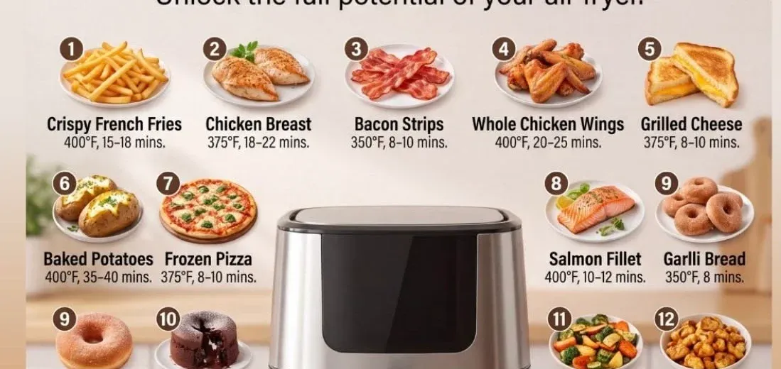 Air fryer tips chart showing 20 foods with their times and temperatures
