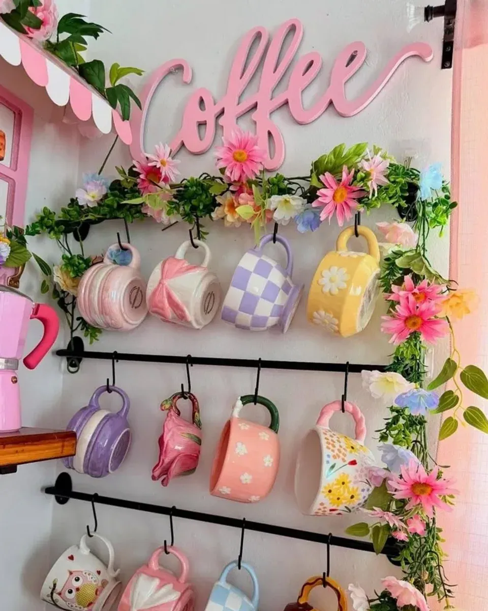 Close-up of the hooks showing how mugs hang at different levels