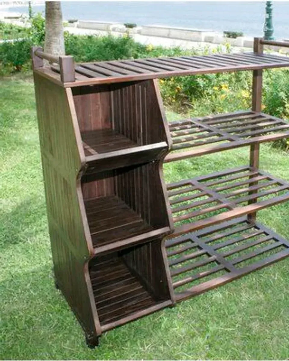 Close-up of the slatted shelves showing drainage design