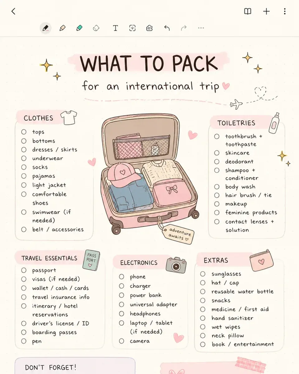 Electronics and extras categories on the international packing checklist