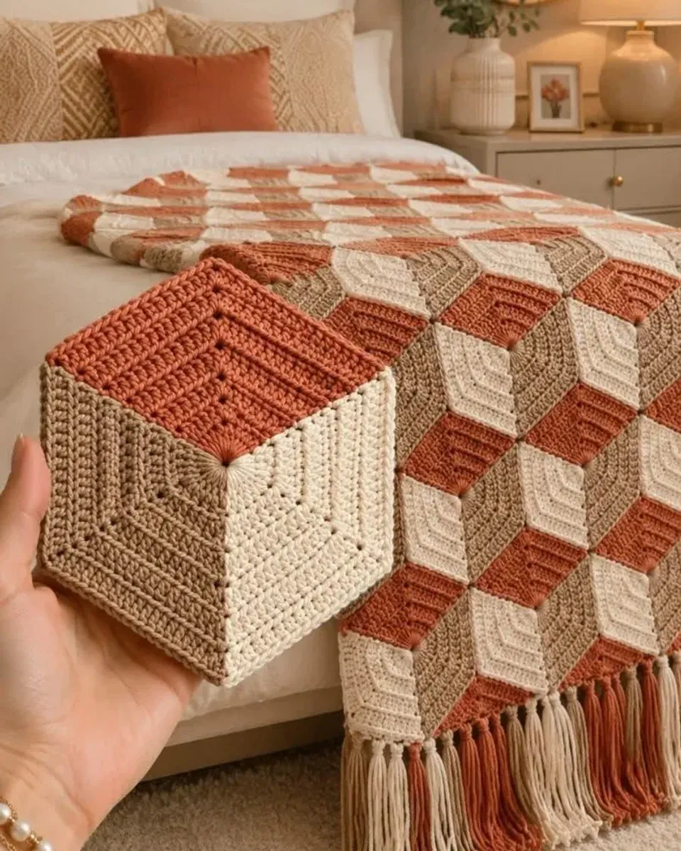 The throw draped over a bed showing the full 3D cube pattern