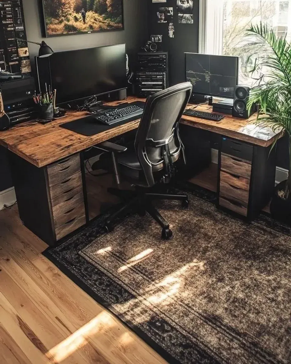 Warm desk lamp light over the workspace corner