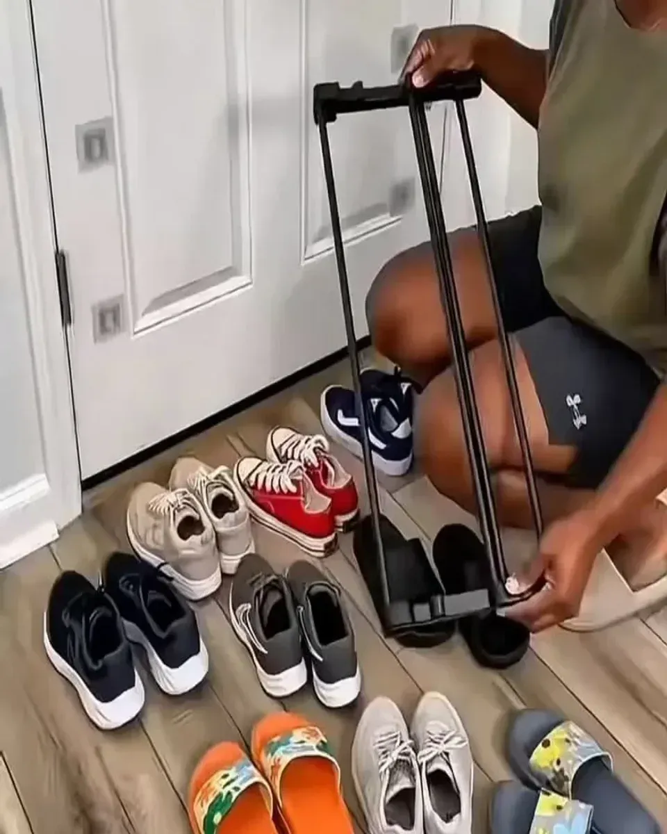 Close-up of the rack loaded with shoes showing the angled storage