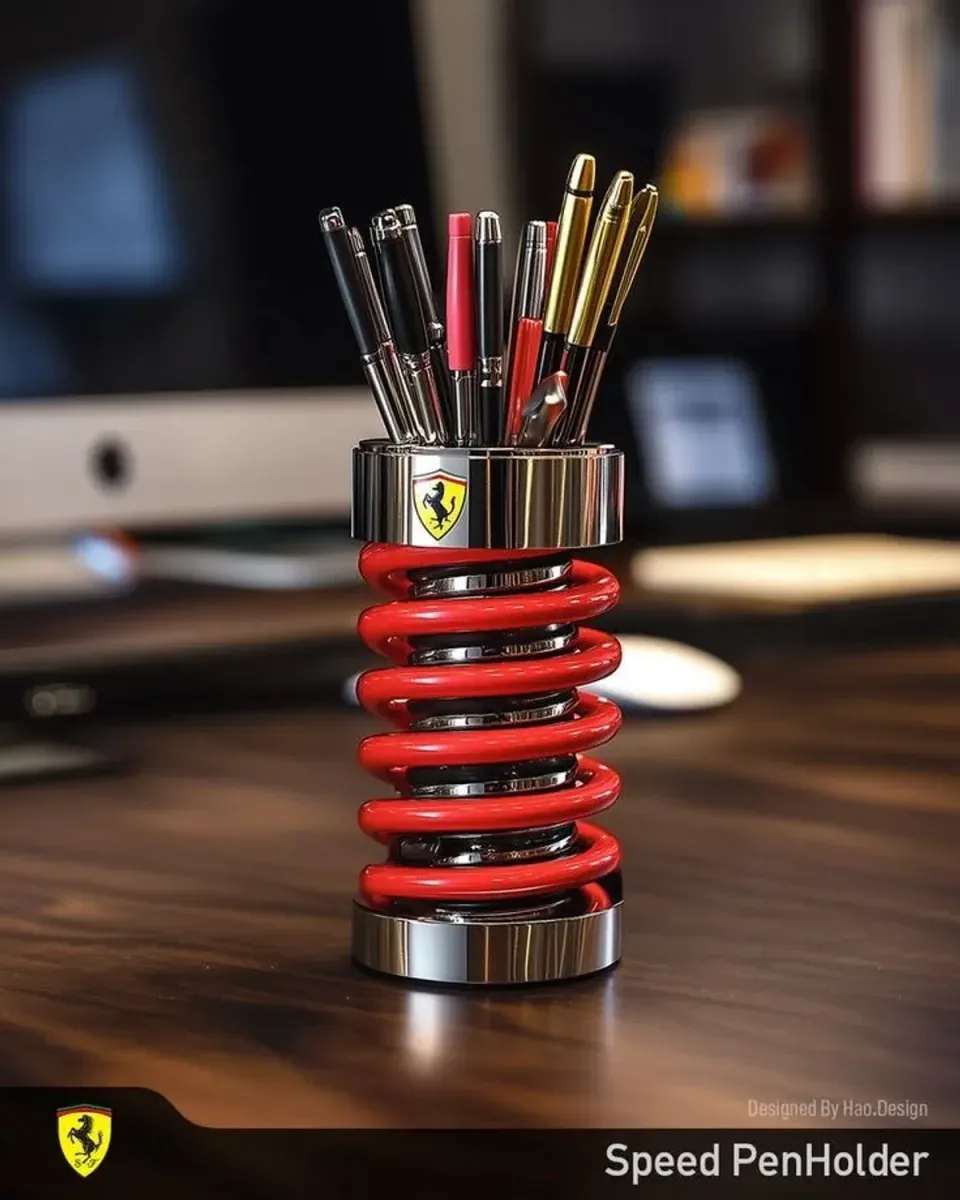 Close view of the chrome cup and red spring of the Ferrari pen holder