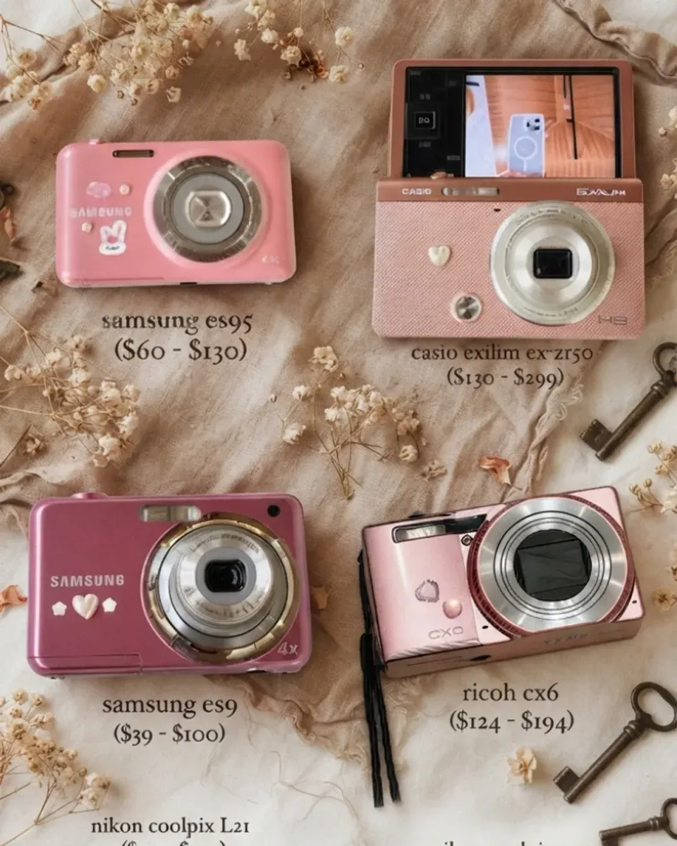 Four pink compact cameras lined up with their names and dollar price ranges