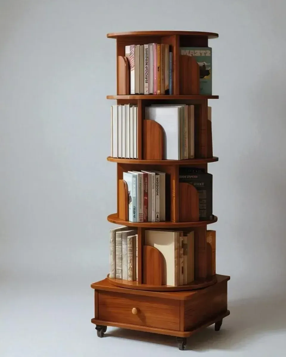 Rotating bookshelf tower in a room corner showing space-saving design
