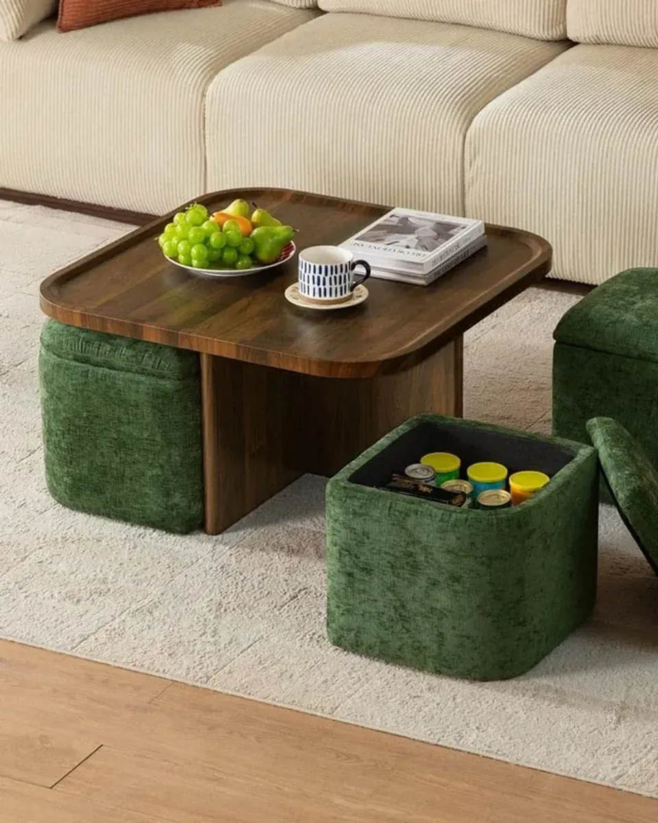 Ottoman with lid open showing the storage interior filled with remotes and snacks