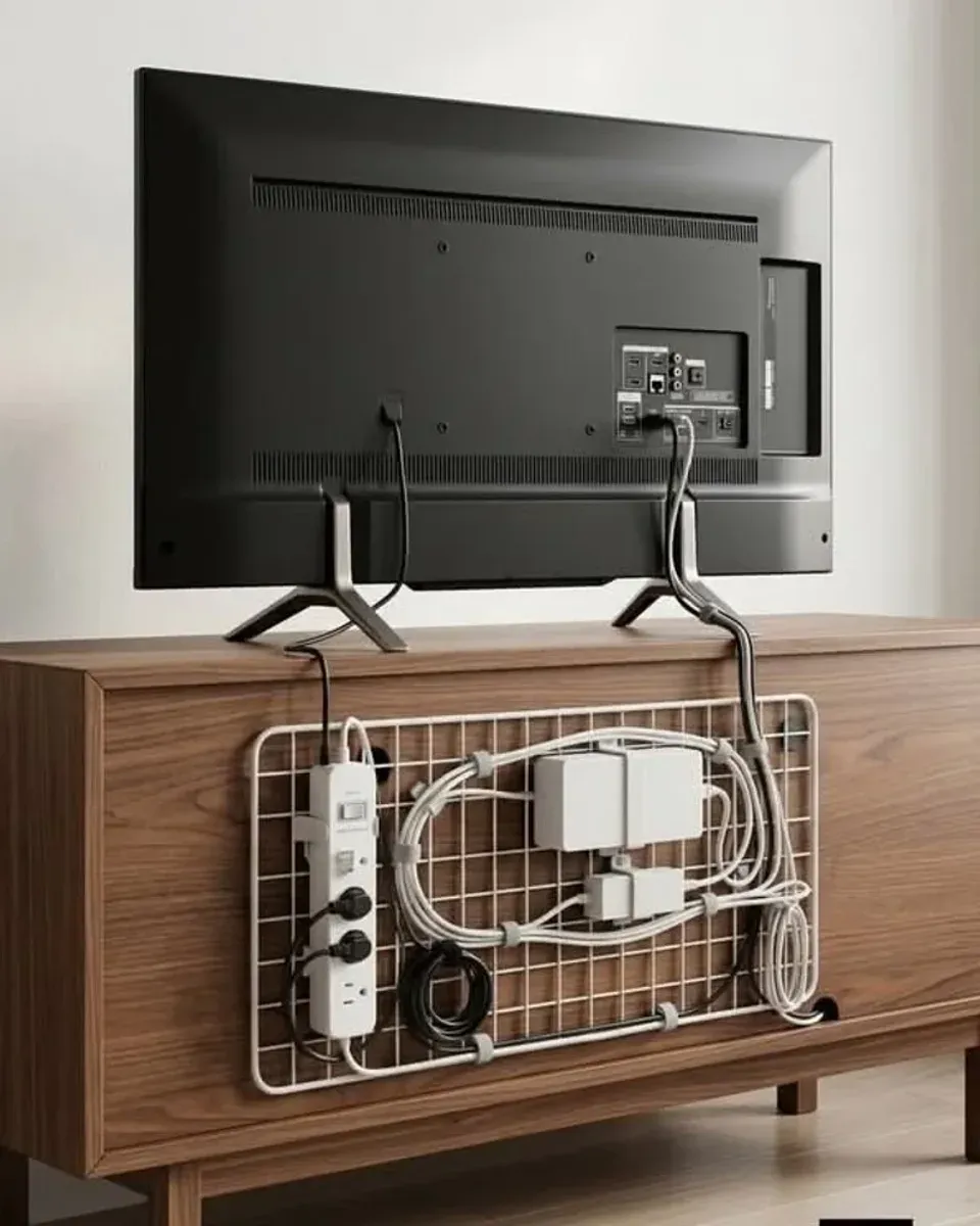 Close-up of the grid showing cable clips and zip tie organization