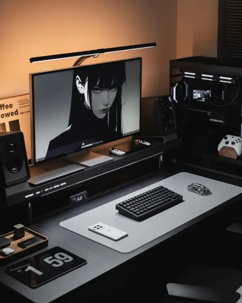 Grey desk mat with mechanical keyboard and mouse
