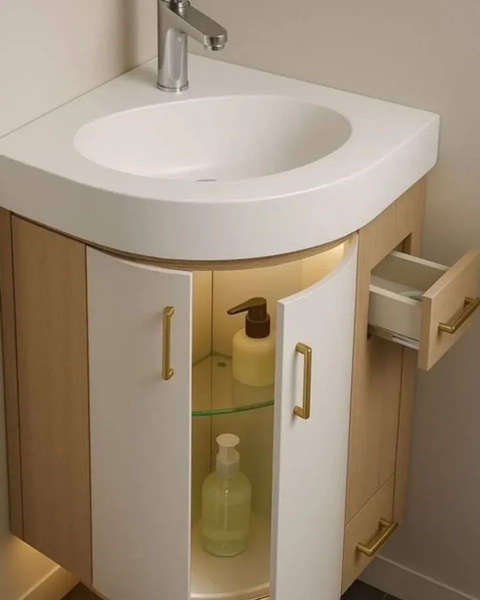 Close-up of the LED lighting and glass shelf inside the cabinet