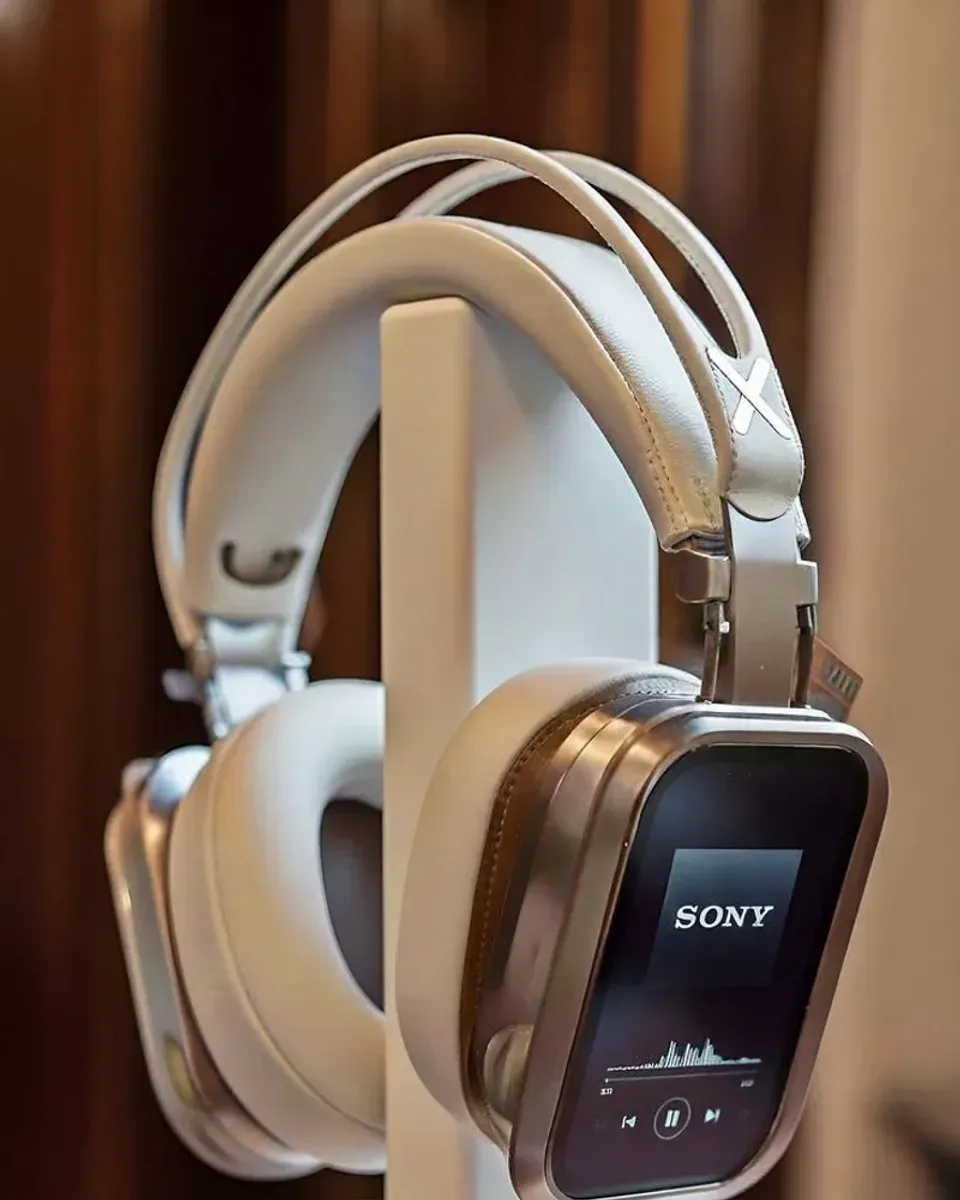 Aluminum desk stand holding headphones by the headband