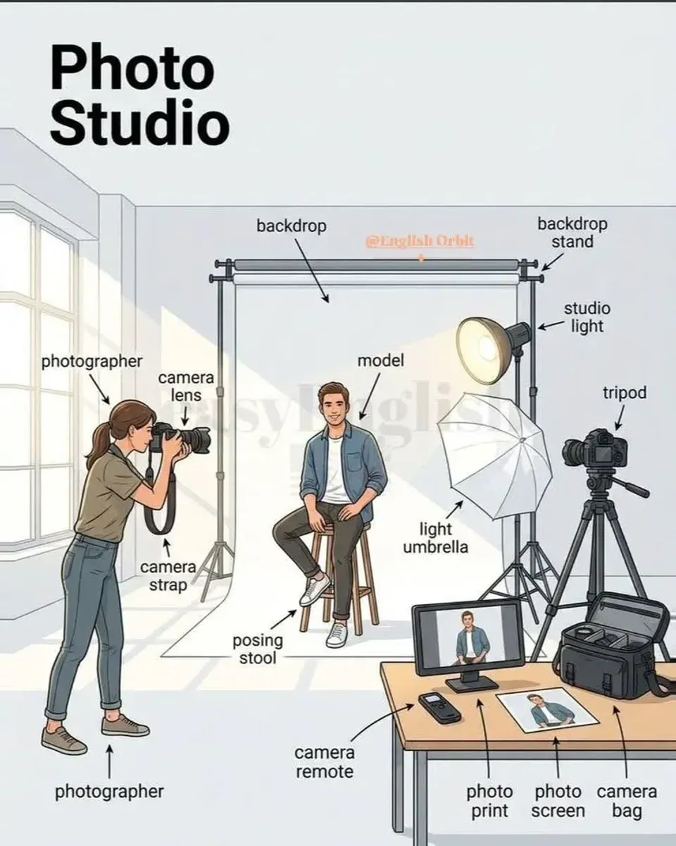 Studio detail showing umbrella light, tripod, and tethering table