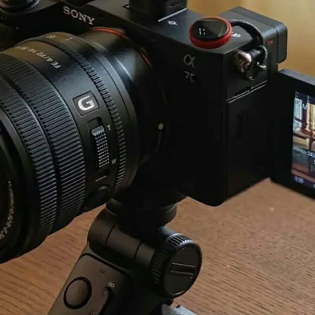 A7C flip screen showing live view with audio levels