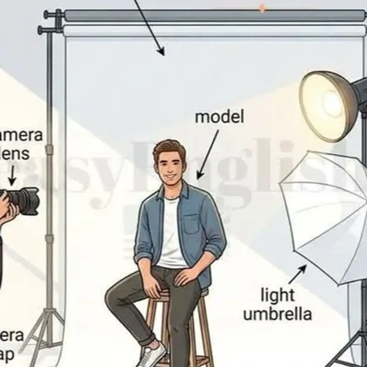 Posing stool and backdrop in studio layout