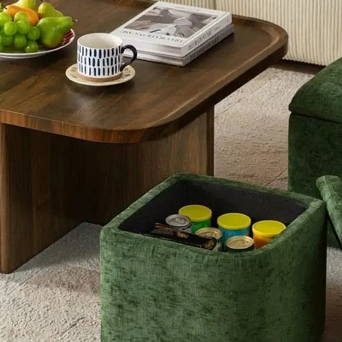Nesting coffee table and ottomans in a living room showing the full setup