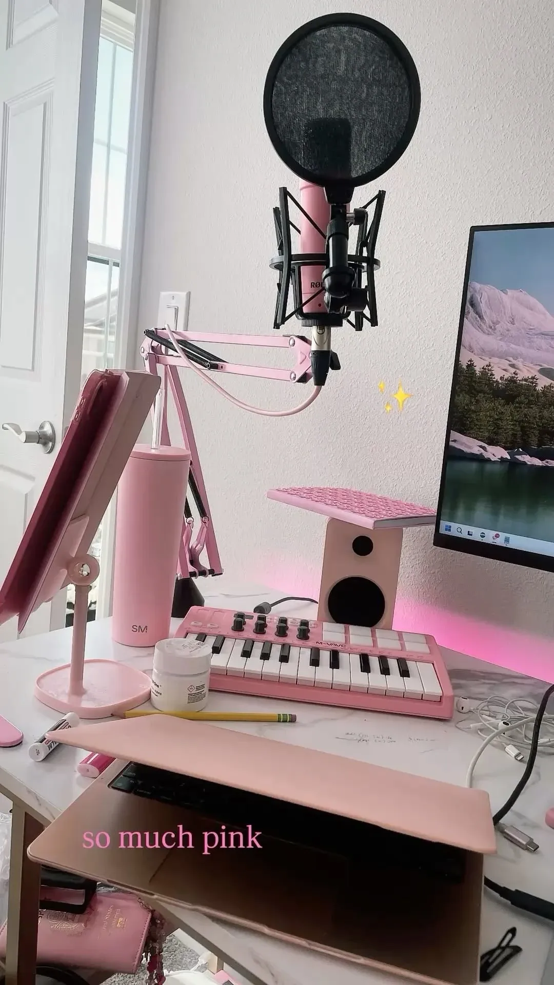 Condenser microphone in a shock mount on a pink boom arm with a round pop filter in front