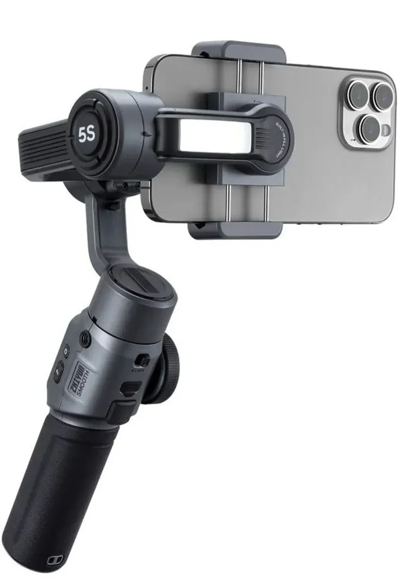 Zhiyun Smooth 5S holding an iPhone with fill light on
