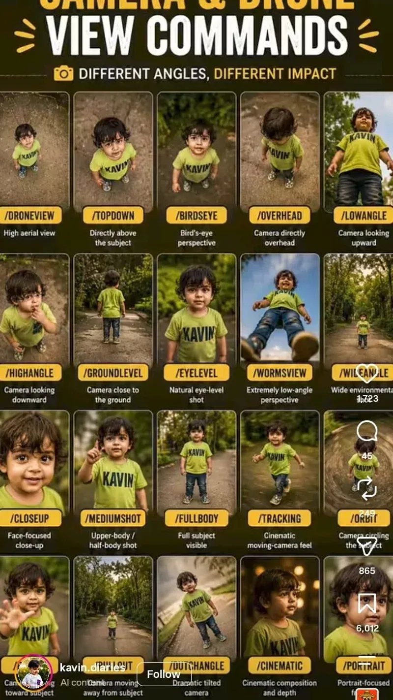 Instagram post showing the camera and drone view commands cheat sheet with a toddler example