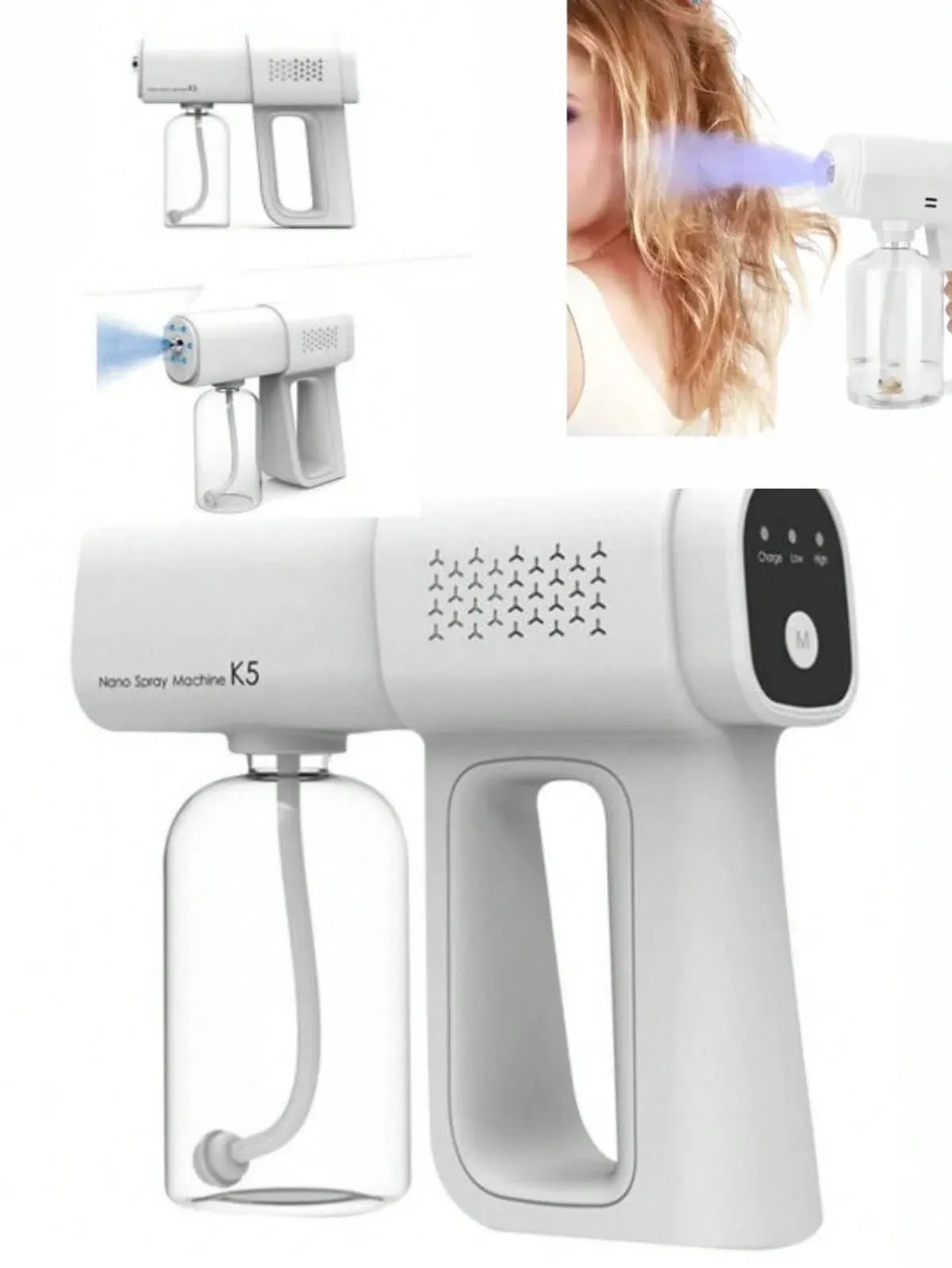 White Nano Spray Machine K5 with the full bundle laid out: bottle, charging cable and mode panel